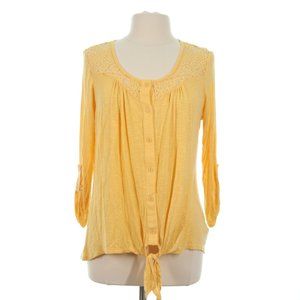 One World Women's Yellow Floral Lace Tie Button Up Blouse Top